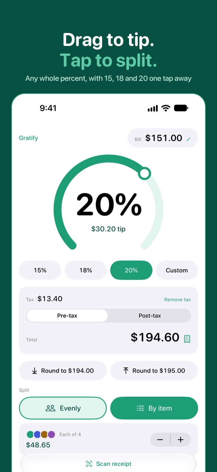Gratify tip dial at 20% on a $151 bill, split four ways