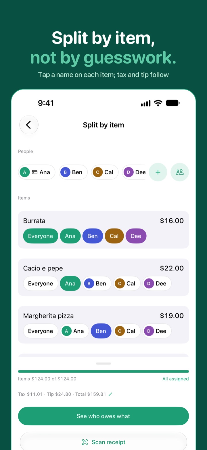 Gratify splitting a bill item by item, each person a color