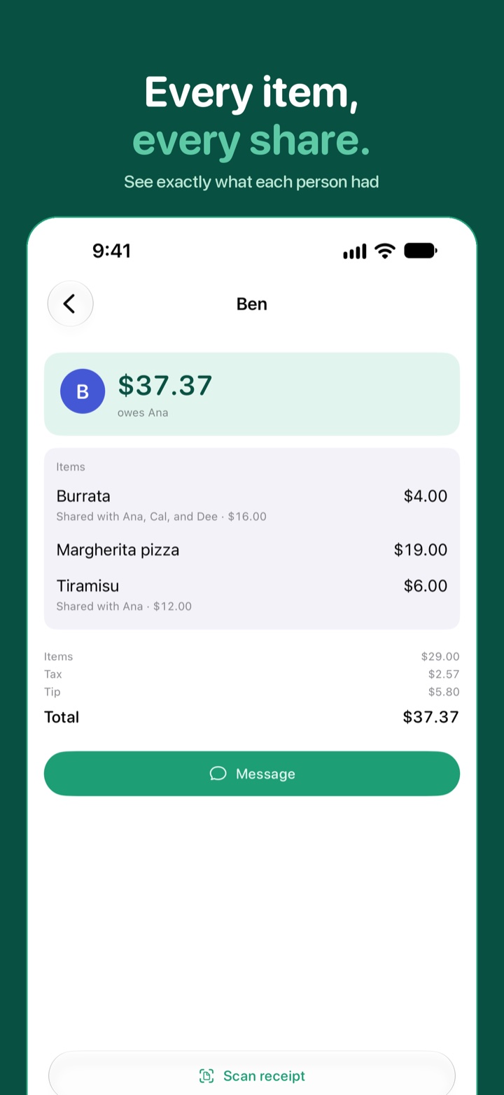 Gratify one person's items, tax, tip, and total