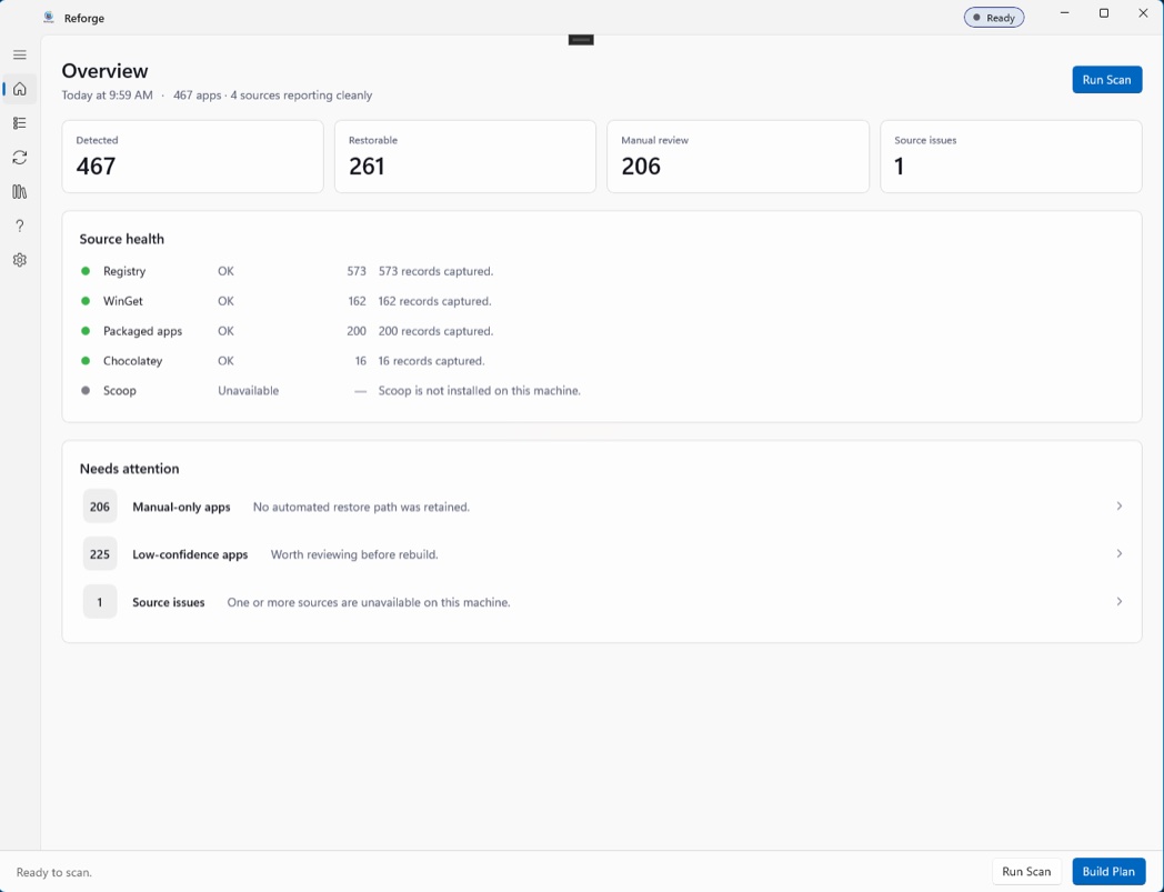 Reforge overview dashboard with detected, restorable, and manual-review counts