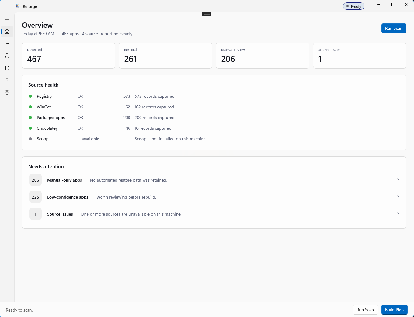Reforge overview dashboard with detected, restorable, and manual-review counts