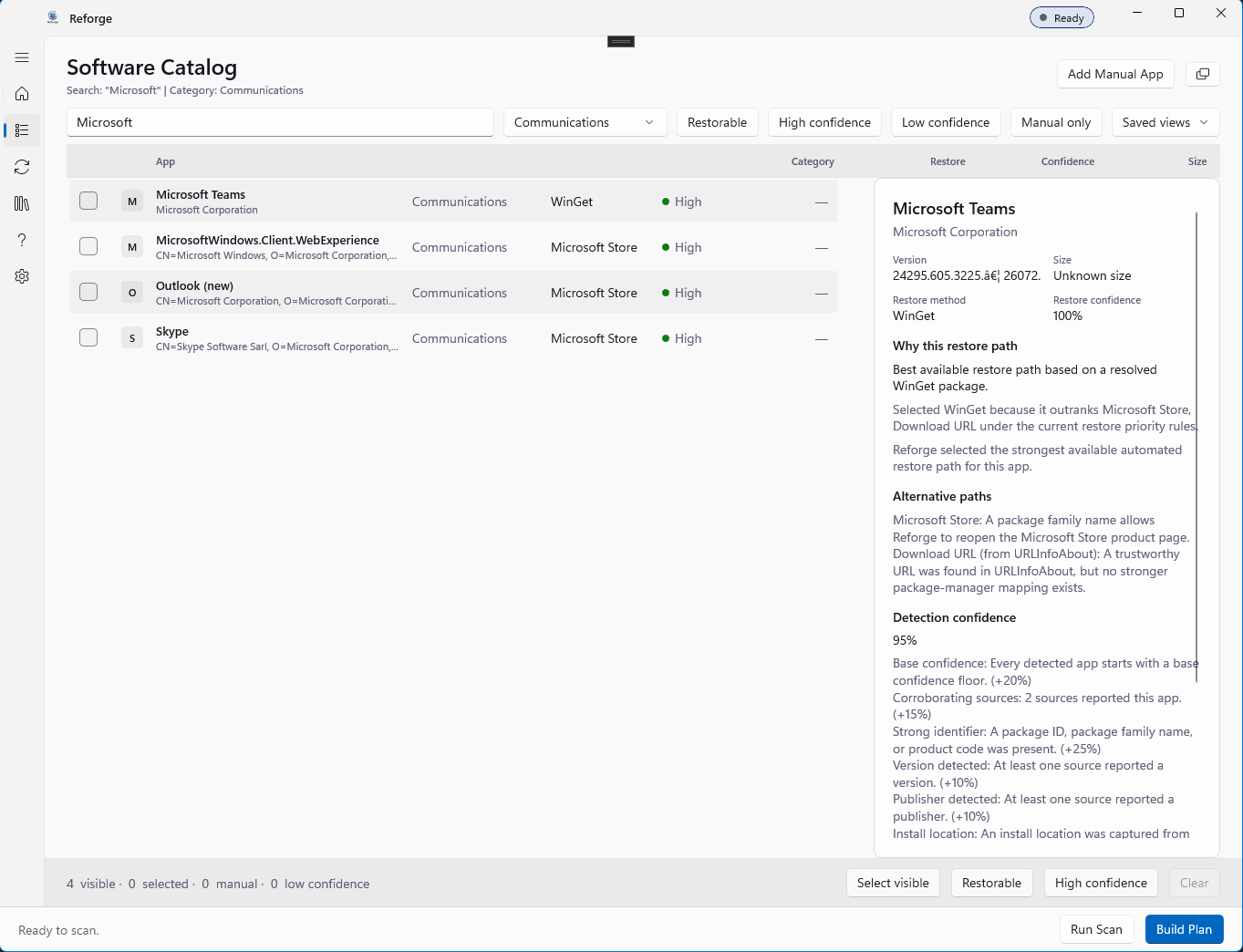 Reforge software catalog with per-app confidence and detail pane