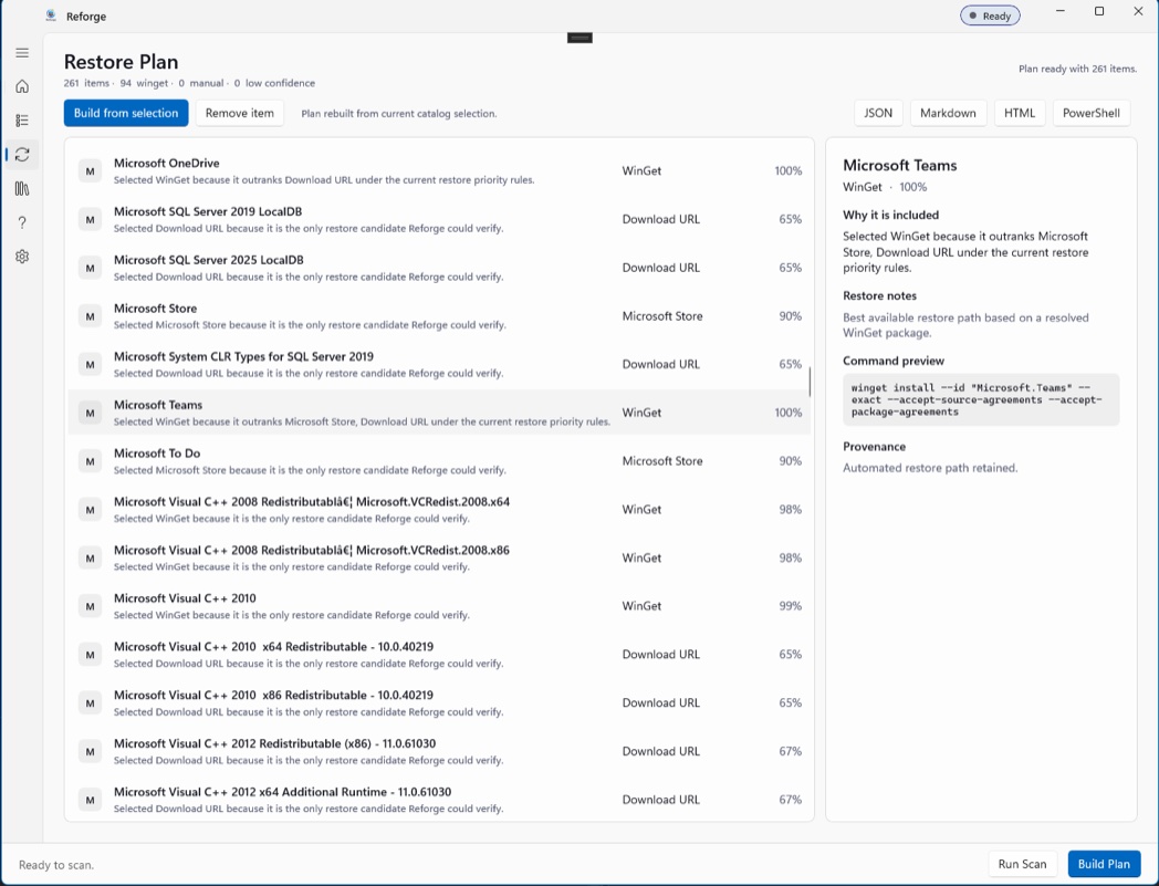 Reforge restore plan showing per-app restore methods and commands