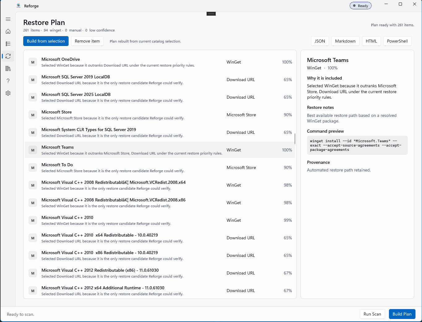 Reforge restore plan showing per-app restore methods and commands