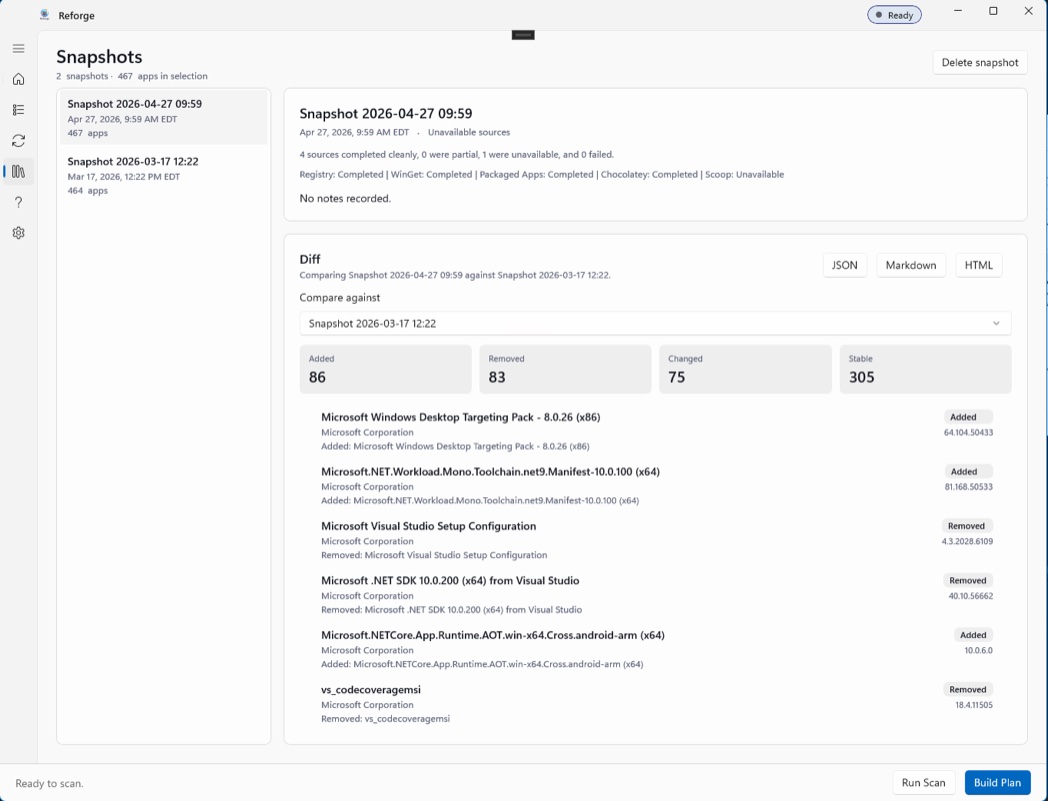 Reforge snapshots view with an added/removed/changed diff