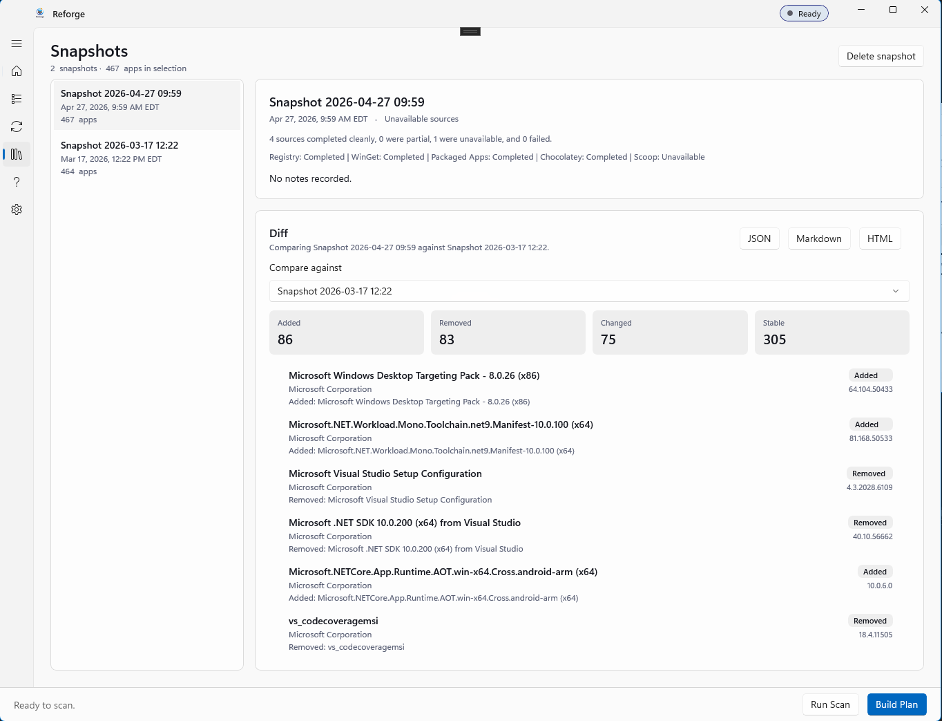 Reforge snapshots view with an added/removed/changed diff