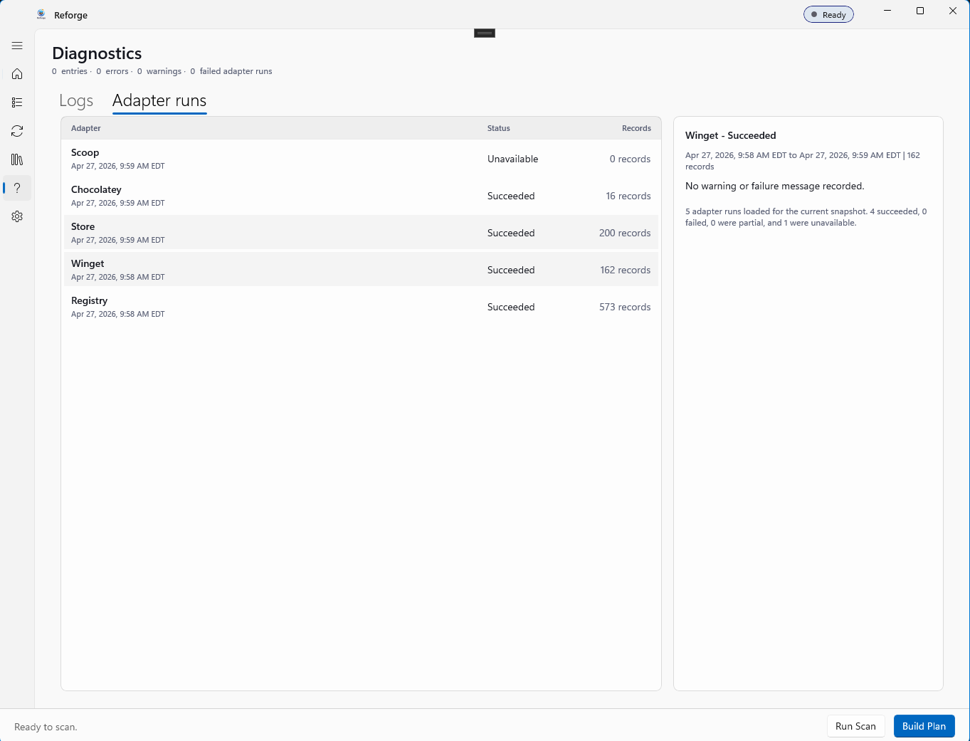 Reforge diagnostics showing per-source adapter runs